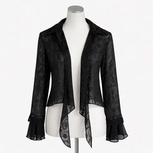 Ribkoff Trends Sheer Black Glitter Blouse Tie Front Boho Bell Sleeve Chiffon Top